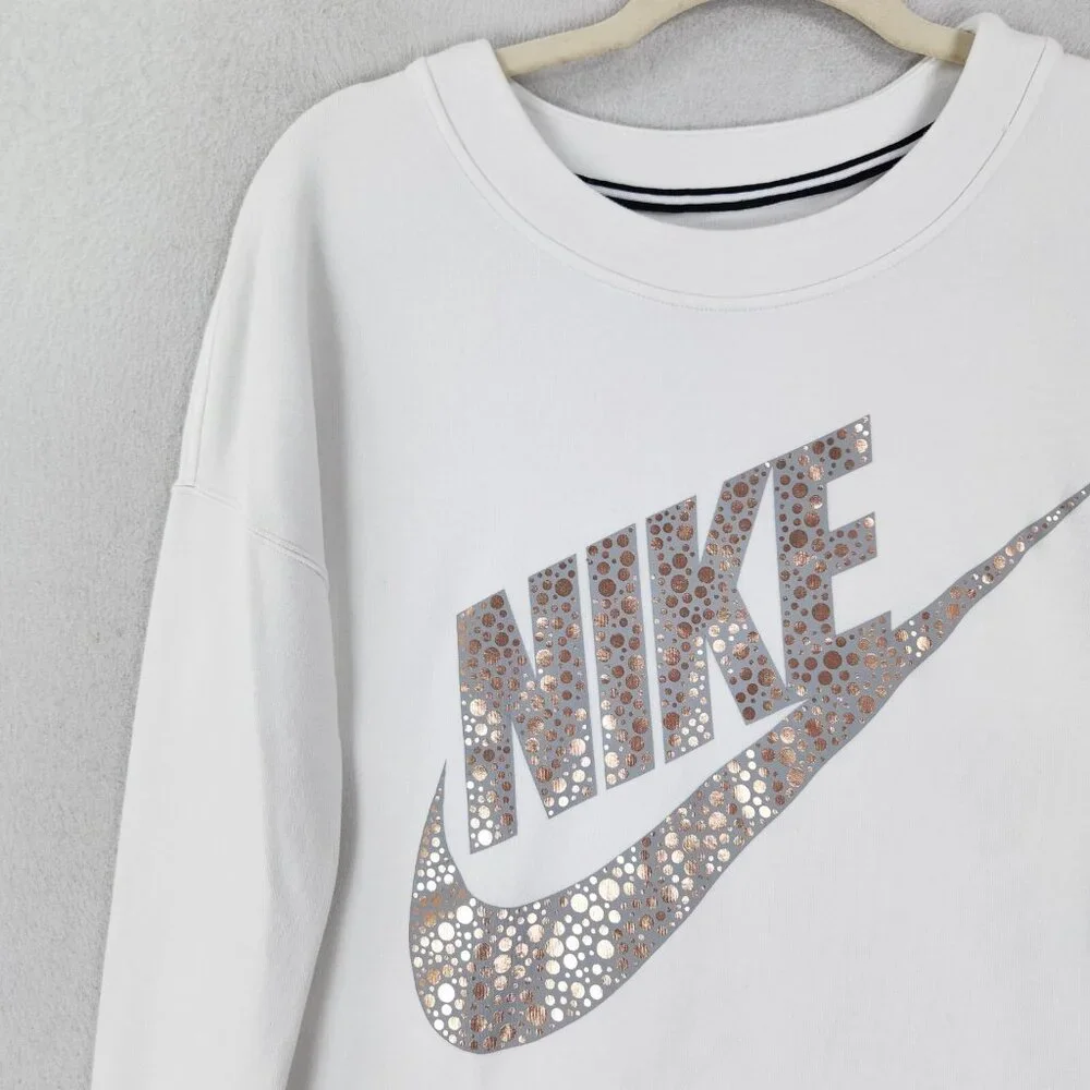 Nike Sweater Womens Small White Rally Metallic Crew Neck Sweatshirt Swoosh - Picture 2 of 12